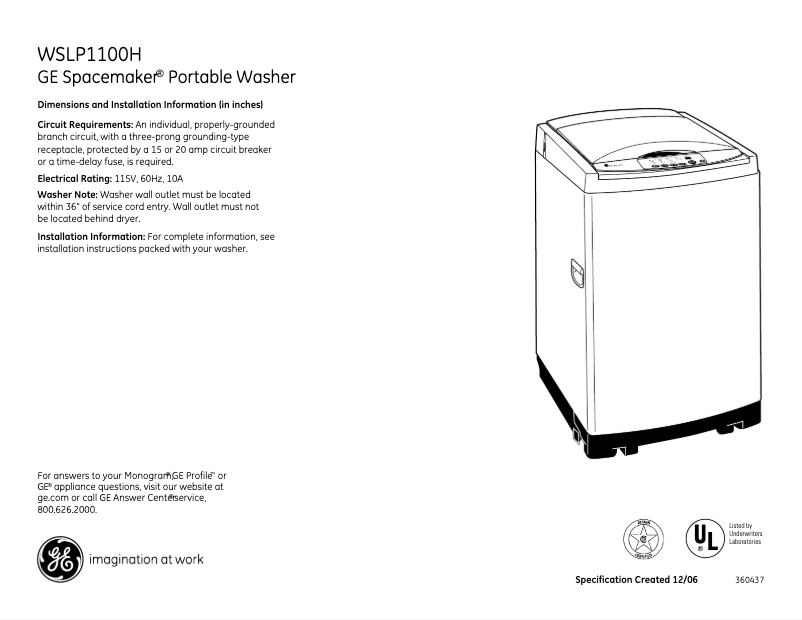 Page 1 of the manual Technical Sheet GE WSLP1100HWW