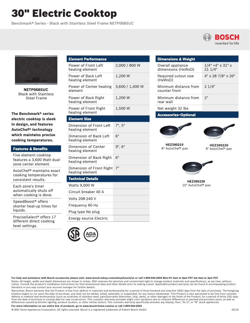 Page 1 of the manual Technical Sheet Bosch NETP068SUC