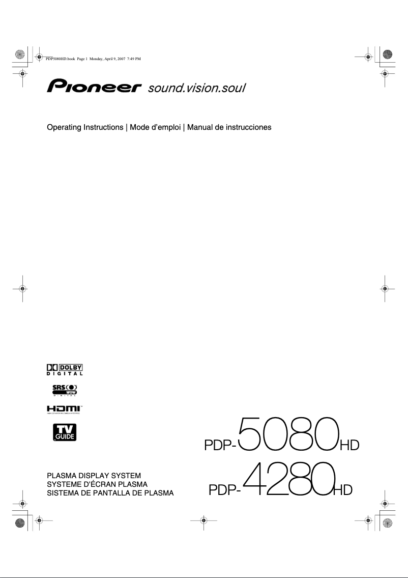 Page 1 de la notice Manuel utilisateur Pioneer PDP-4280HD