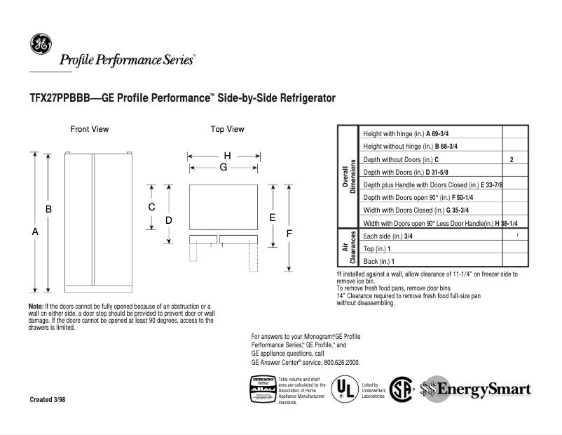 Página 1 del manual Ficha técnica GE Profile Performance TFX27PPBBB