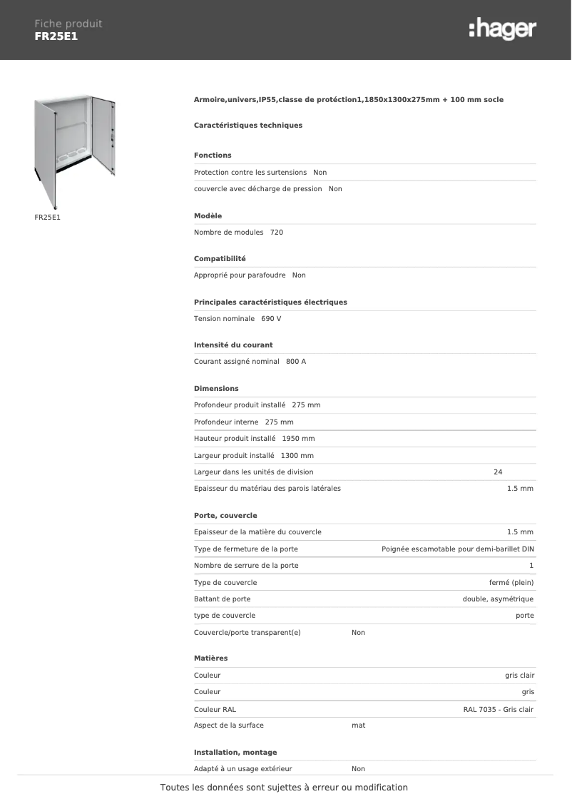 Page 1 de la notice Fiche technique Hager FR25E1