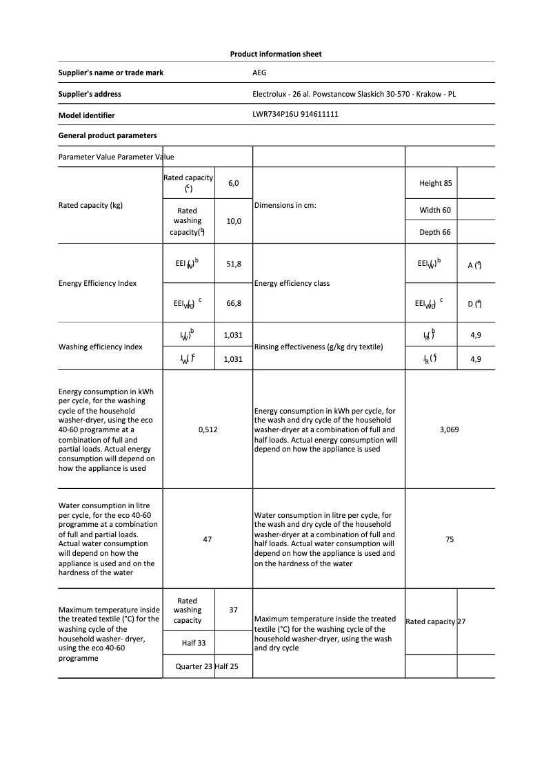 Page 1 de la notice Fiche technique AEG LWR734P16U