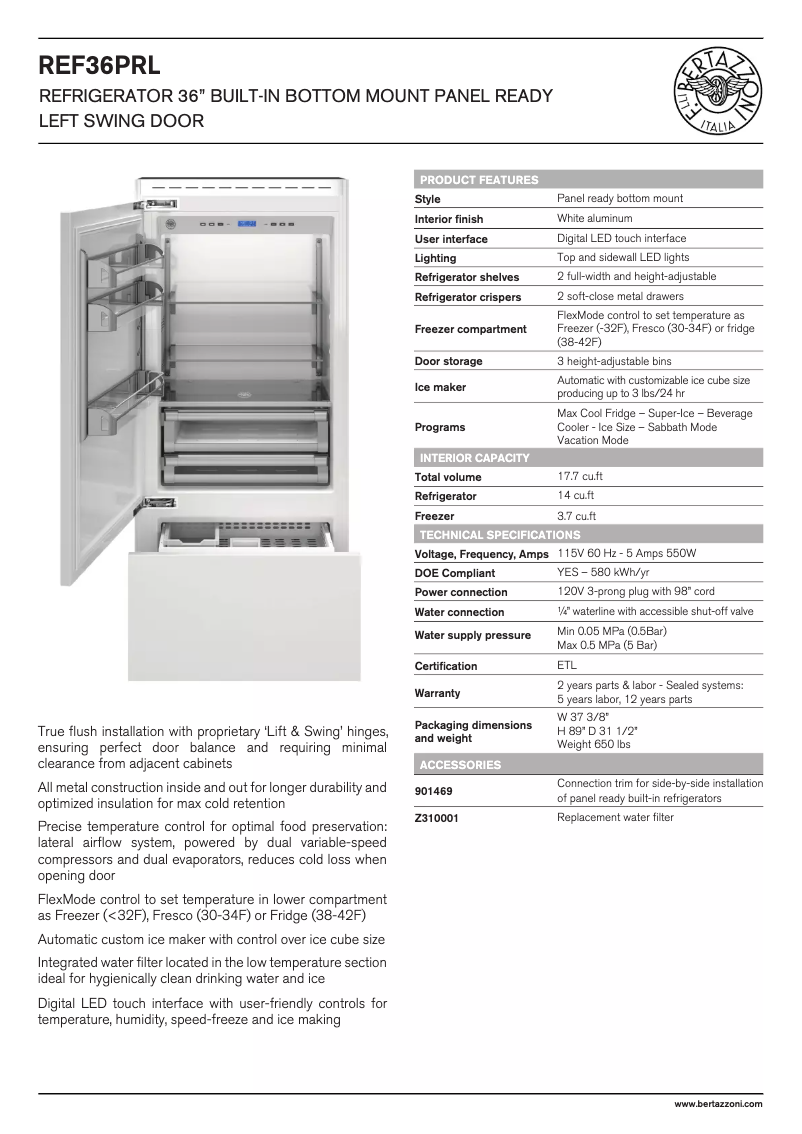 Page 1 de la notice Fiche technique Bertazzoni REF36L