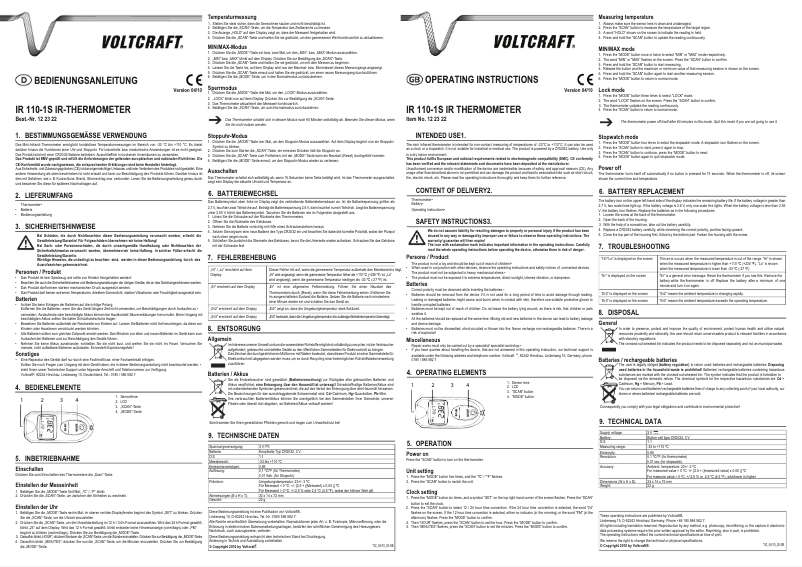Page 1 de la notice Manuel utilisateur Voltcraft IR 110-1S