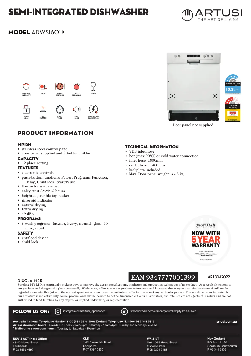 Page 1 de la notice Fiche technique Artusi ADWSI601X