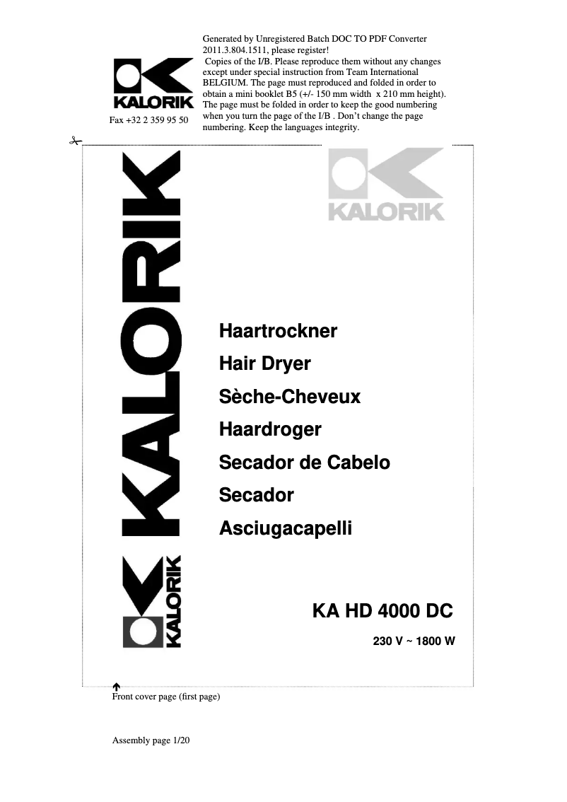 Page 1 de la notice Manuel utilisateur Kalorik KA HD 4000 DC