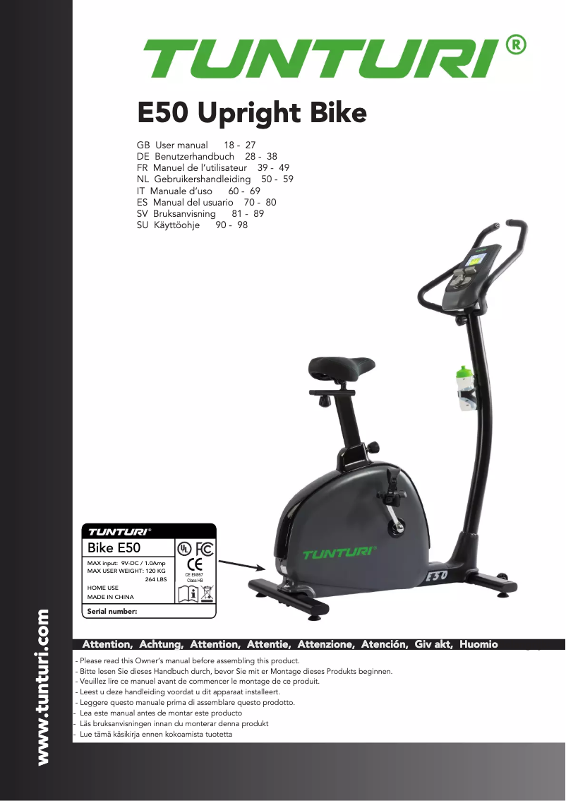 Page 1 de la notice Manuel utilisateur Tunturi Performance E50