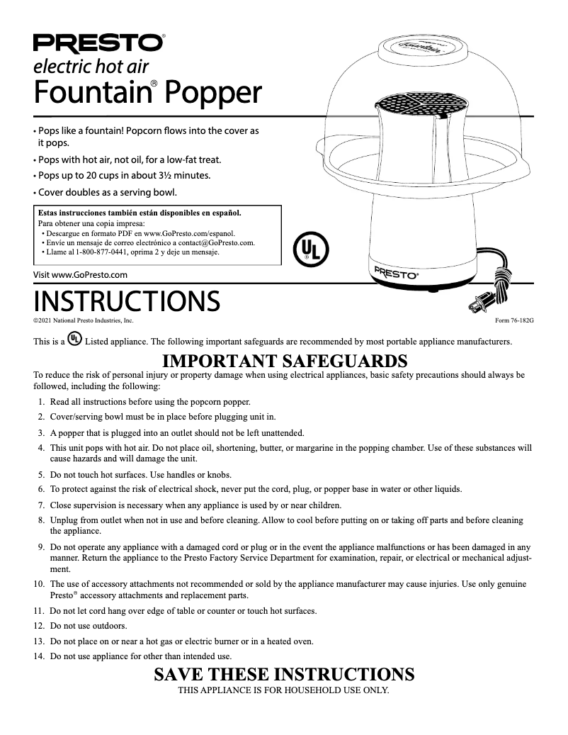 Page 1 of the manual User Manual Presto Electric Hot Air Fountain Popper 04868