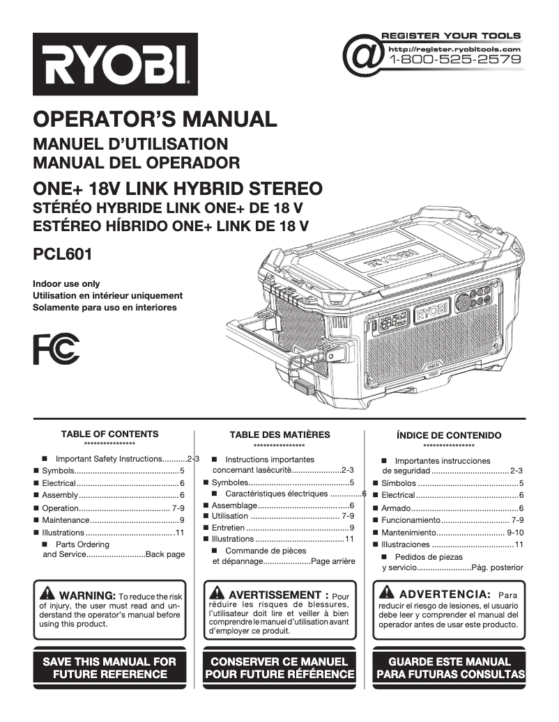 Page 1 de la notice Manuel utilisateur RYOBI One+ PCL601
