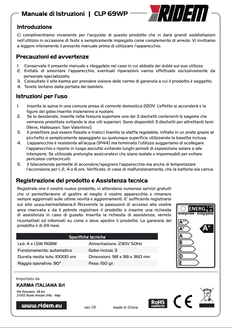 Page 1 de la notice Manuel utilisateur Ridem CLP 69WP