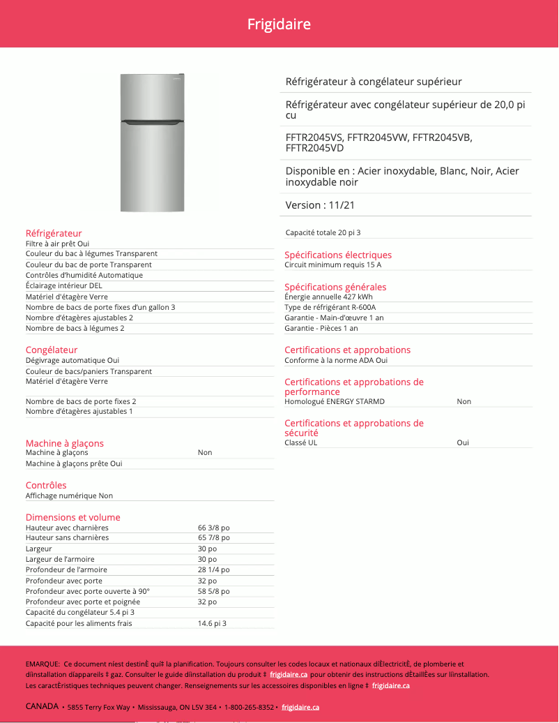 Page 1 de la notice Fiche technique Frigidaire FFTR2045VW