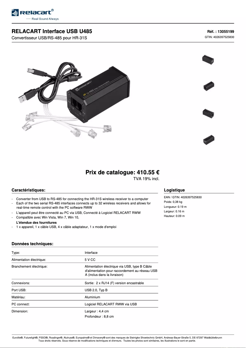 Page 1 de la notice Fiche technique Relacart U485