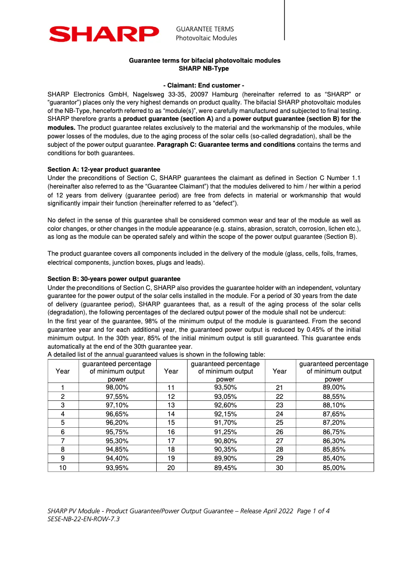 Page 1 de la notice Informations de garantie Sharp NBJD540