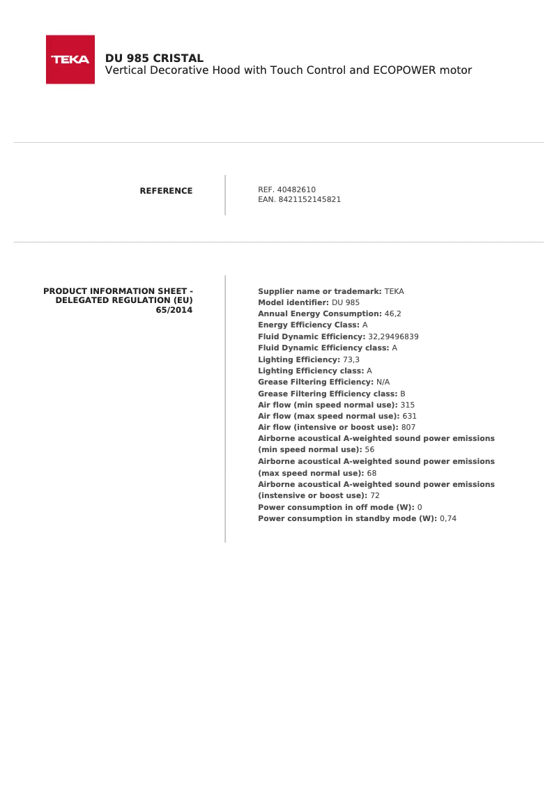 Page 1 de la notice Fiche technique Teka DU 985