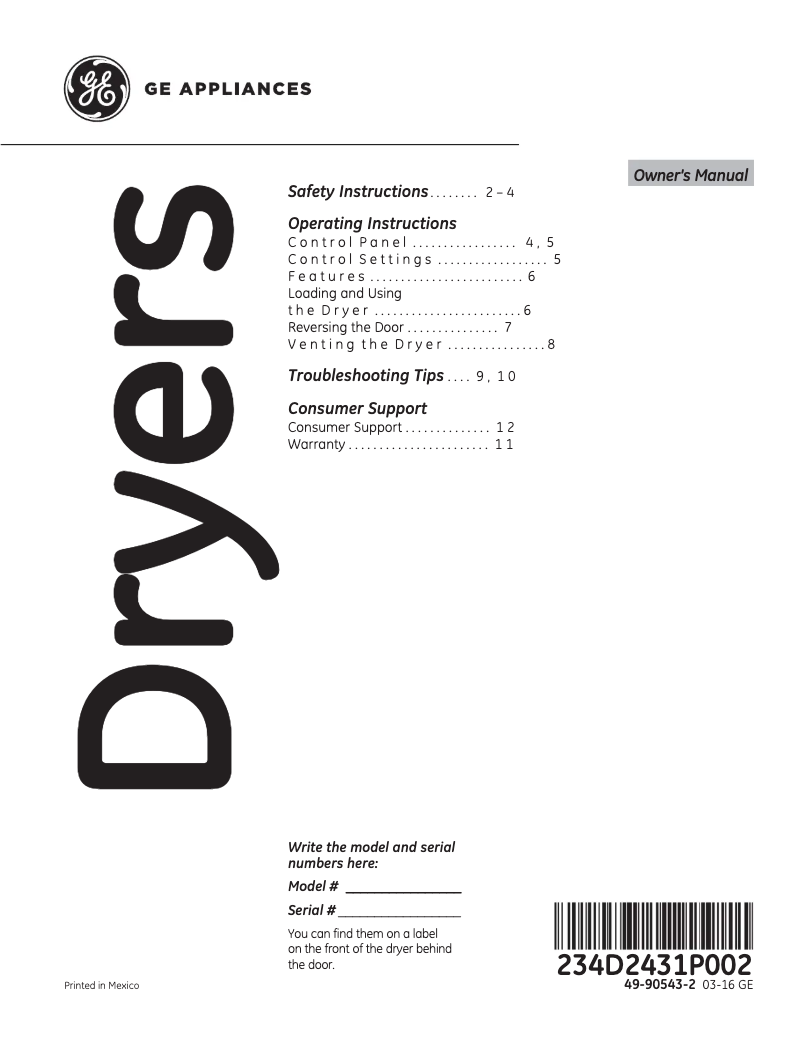 Page n°1 - Manuel d'utilisation et d'entretien GE GTD45EASJWS