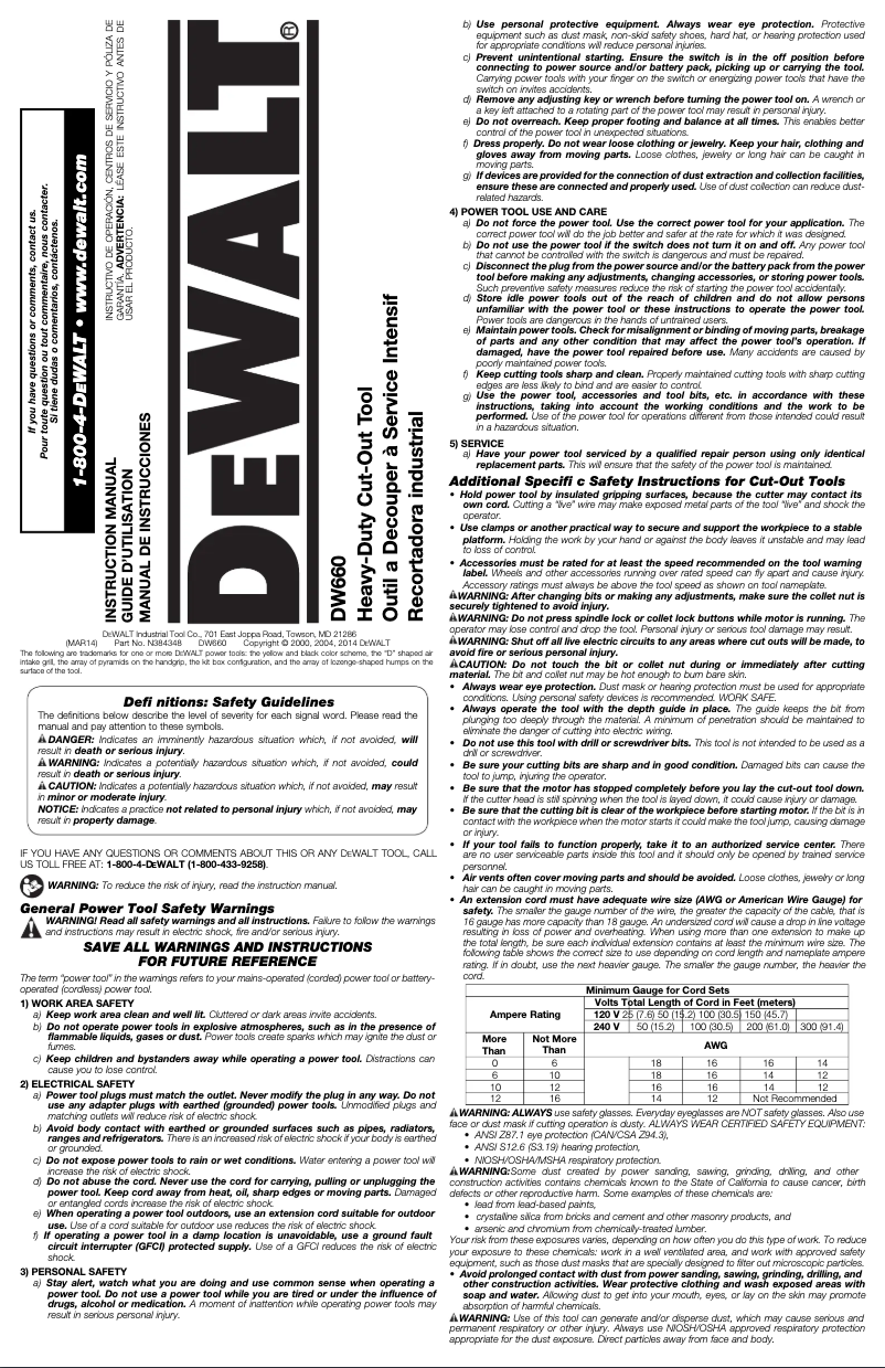 Page 1 de la notice Manuel utilisateur DeWalt DW660
