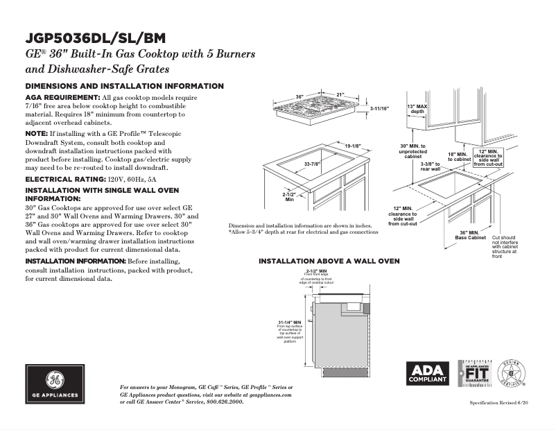 Page 1 de la notice Fiche technique GE JGP5036SLSS