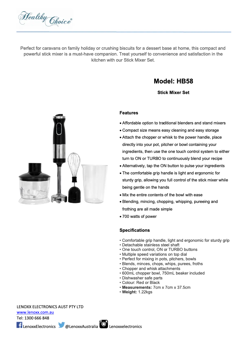 Page 1 de la notice Fiche technique Healthy Choice HB57