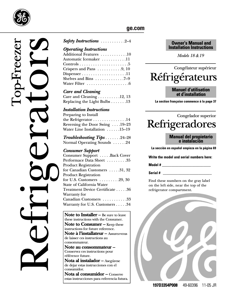 Page n°1 - Manuel utilisateur GE STS18ZBPWW