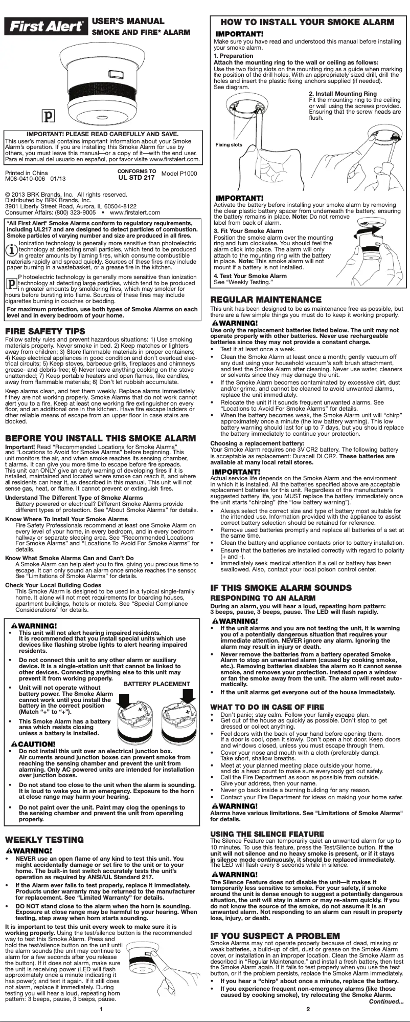 Page 1 de la notice Manuel utilisateur First Alert P1000