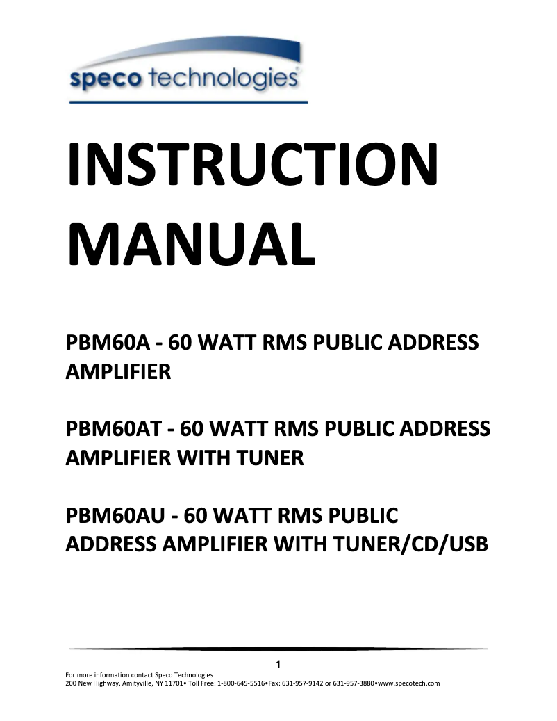 Page 1 of the manual User Manual Speco Technologies PBM60AU