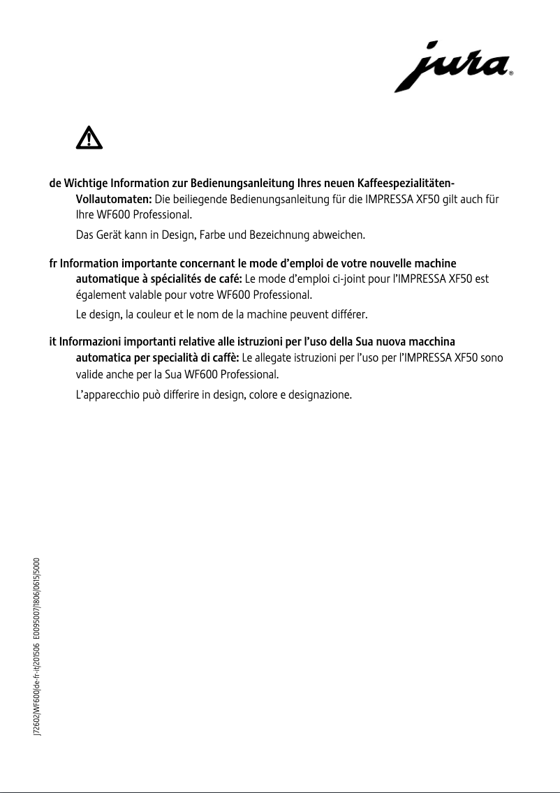Page 1 de la notice Manuel utilisateur Jura WF600 Professional