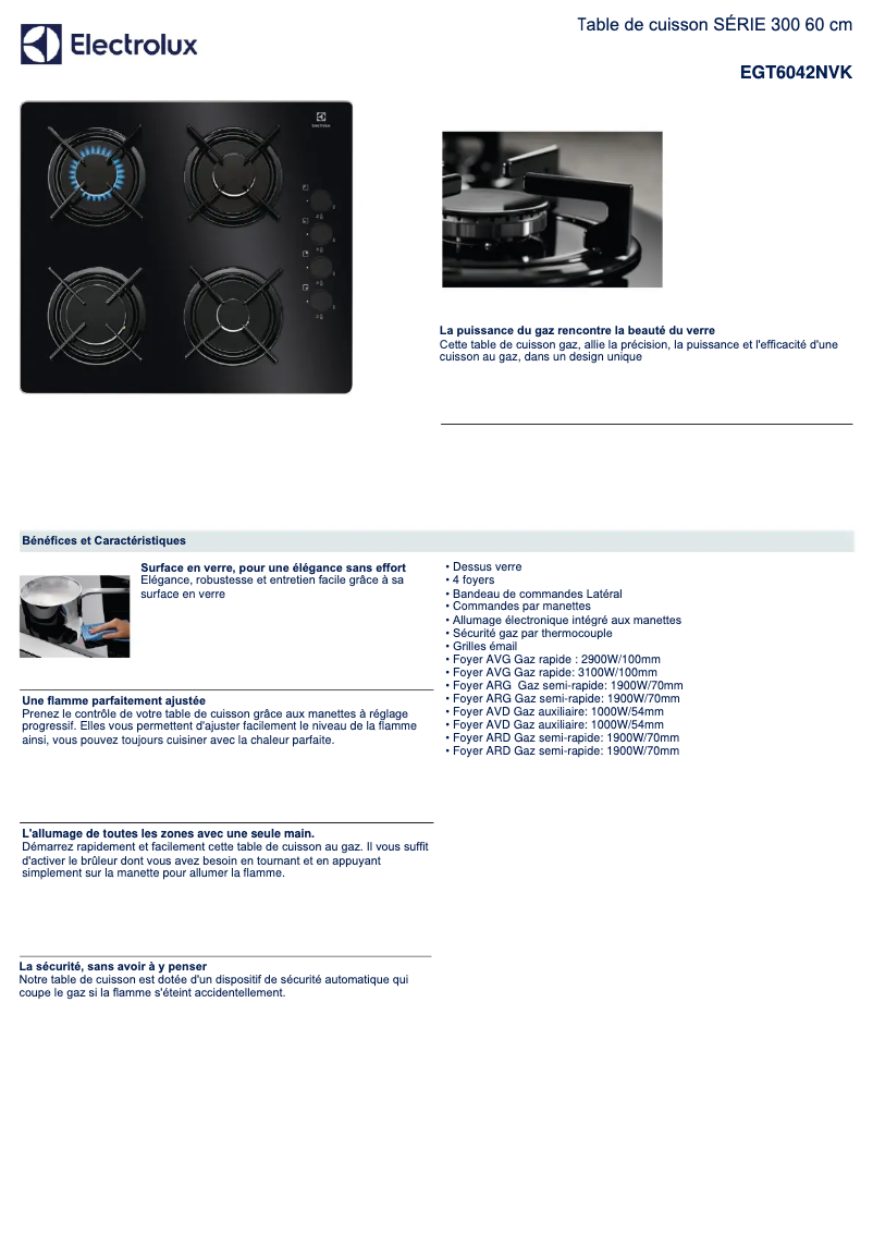 Page 1 de la notice Fiche technique Electrolux EGT6042NVK
