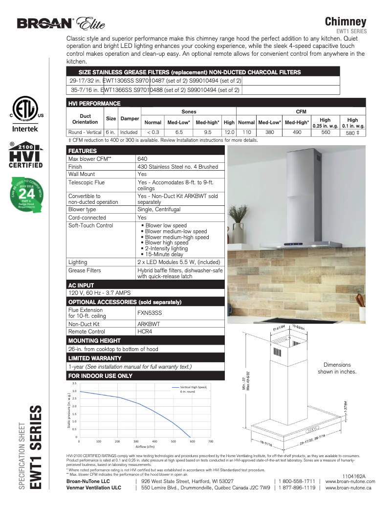 Página 1 del manual Ficha técnica Broan EWT1366SS