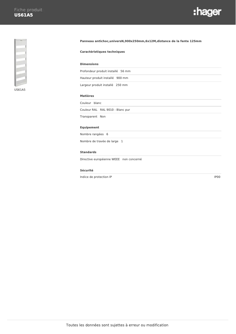 Página 1 del manual Ficha técnica Hager US61A5