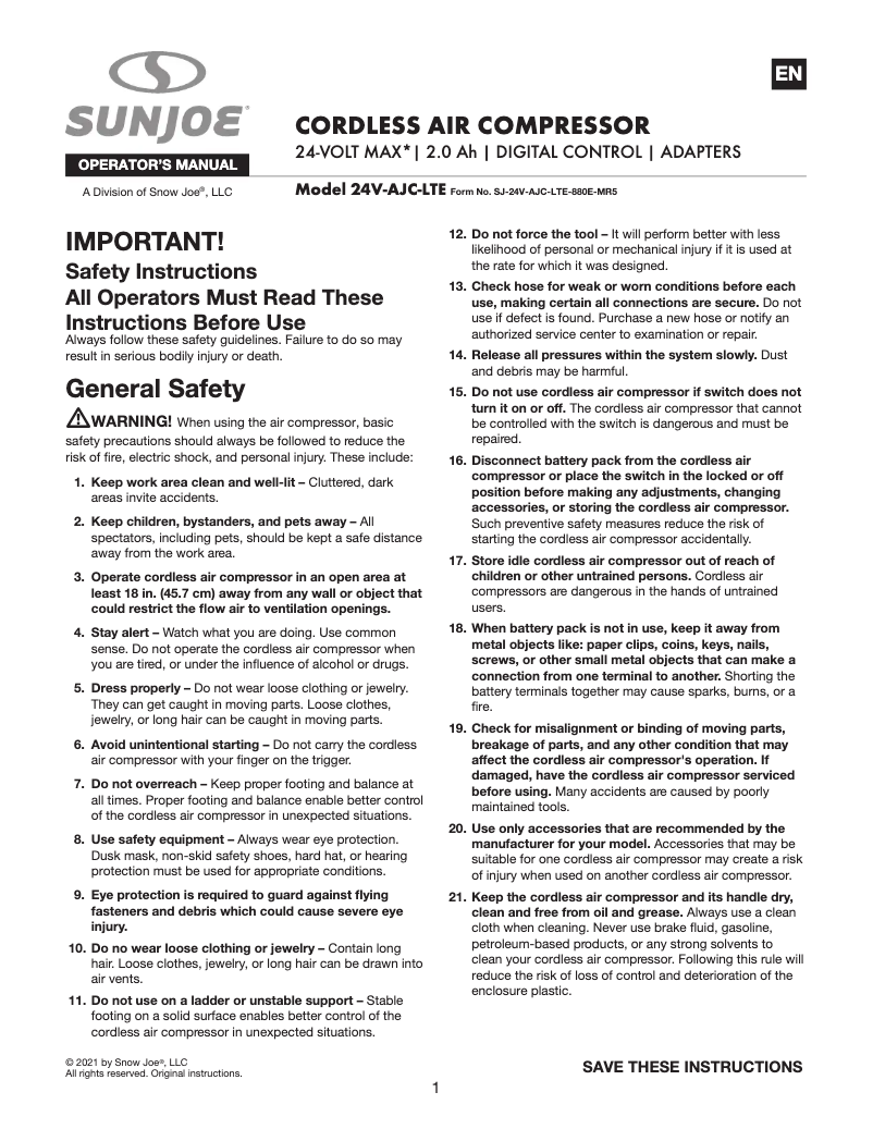 Página 1 del manual Manual de usuario Sun Joe 24V-AJC-LTE