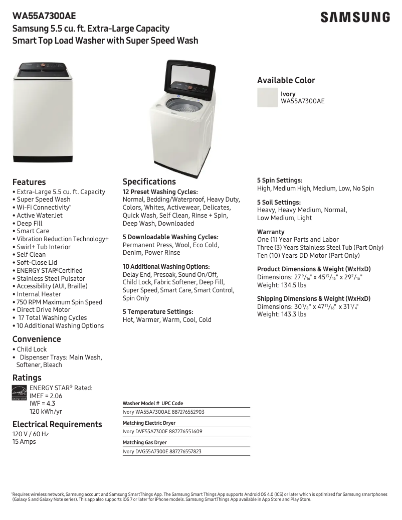 Página 1 del manual Ficha técnica Samsung WA55A7300AE