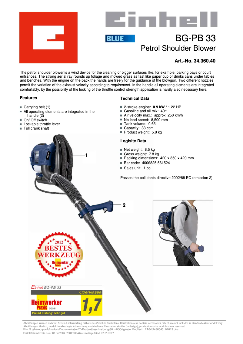 Página 1 del manual Ficha técnica Einhell BG-PB 33