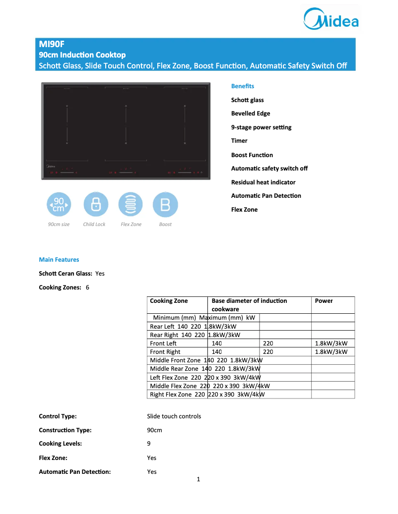 Page 1 de la notice Fiche technique Midea MI90F