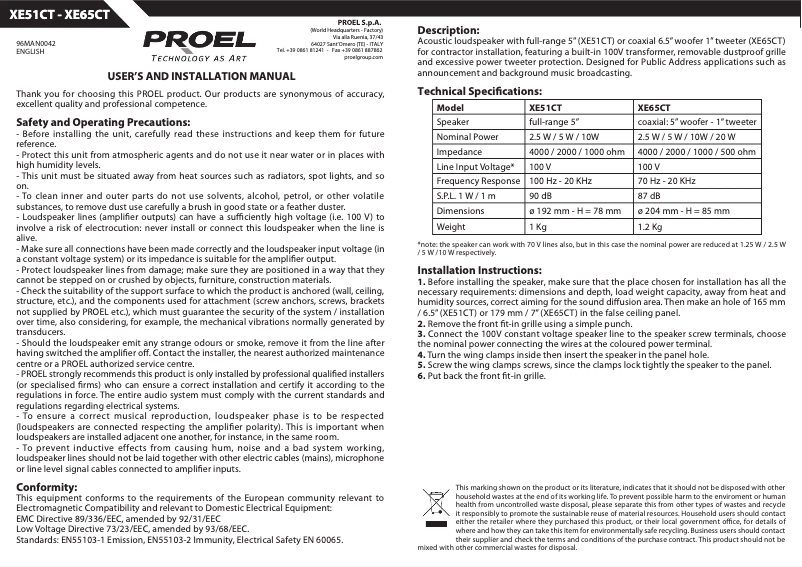 Page 1 de la notice Manuel utilisateur Proel XE65CT