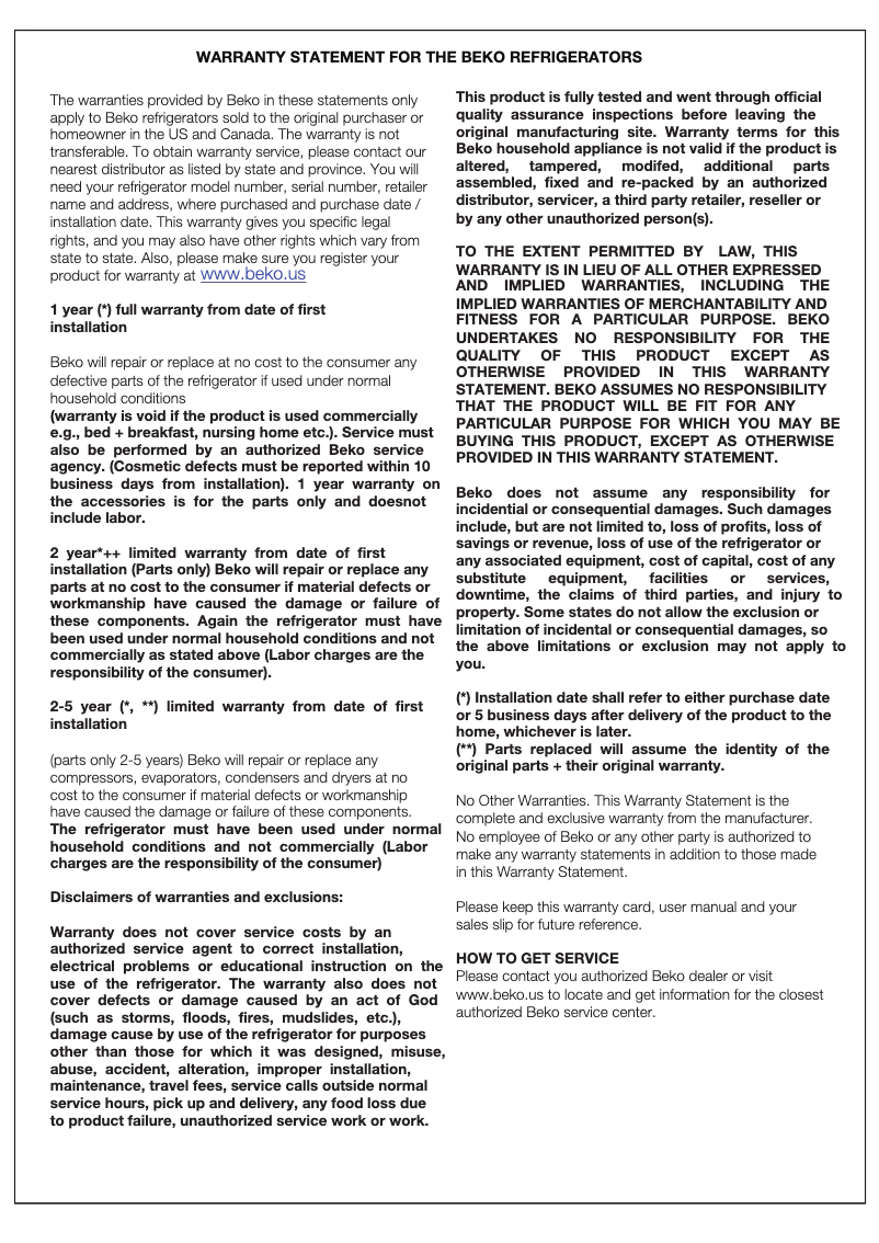 Page 1 de la notice Informations de garantie Beko BFSB3622SS