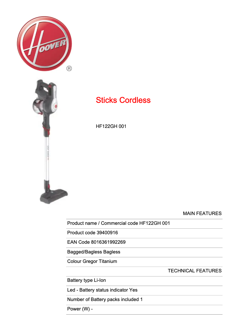 Página 1 del manual Ficha técnica Hoover H-FREE 100 HF122GH 001