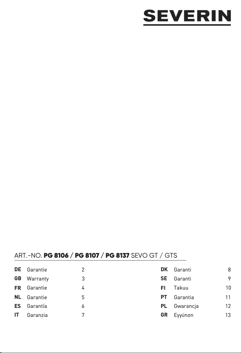 Page 1 de la notice Informations de garantie Severin SEVO GTS PG 8107