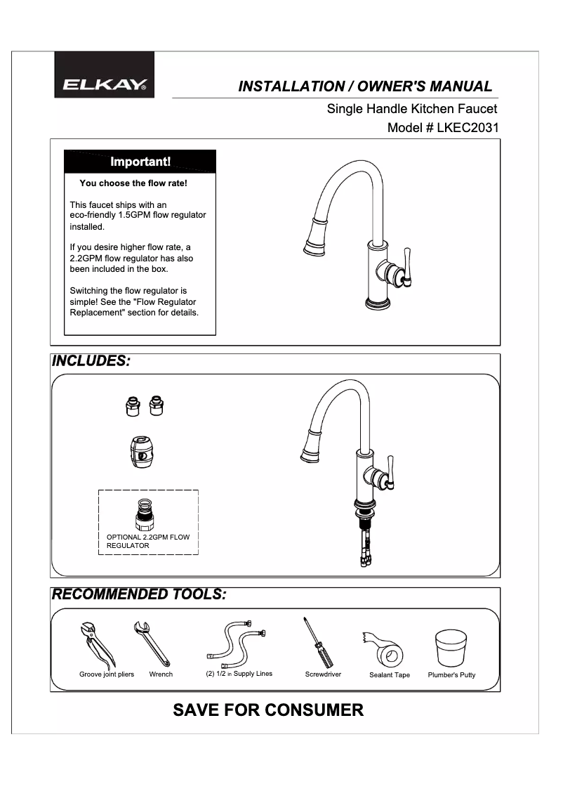 Page 1 de la notice Guide d'installation Elkay LKEC2031LS