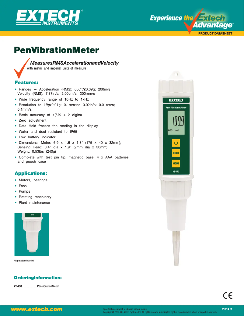 Page 1 de la notice Fiche technique Extech VB400