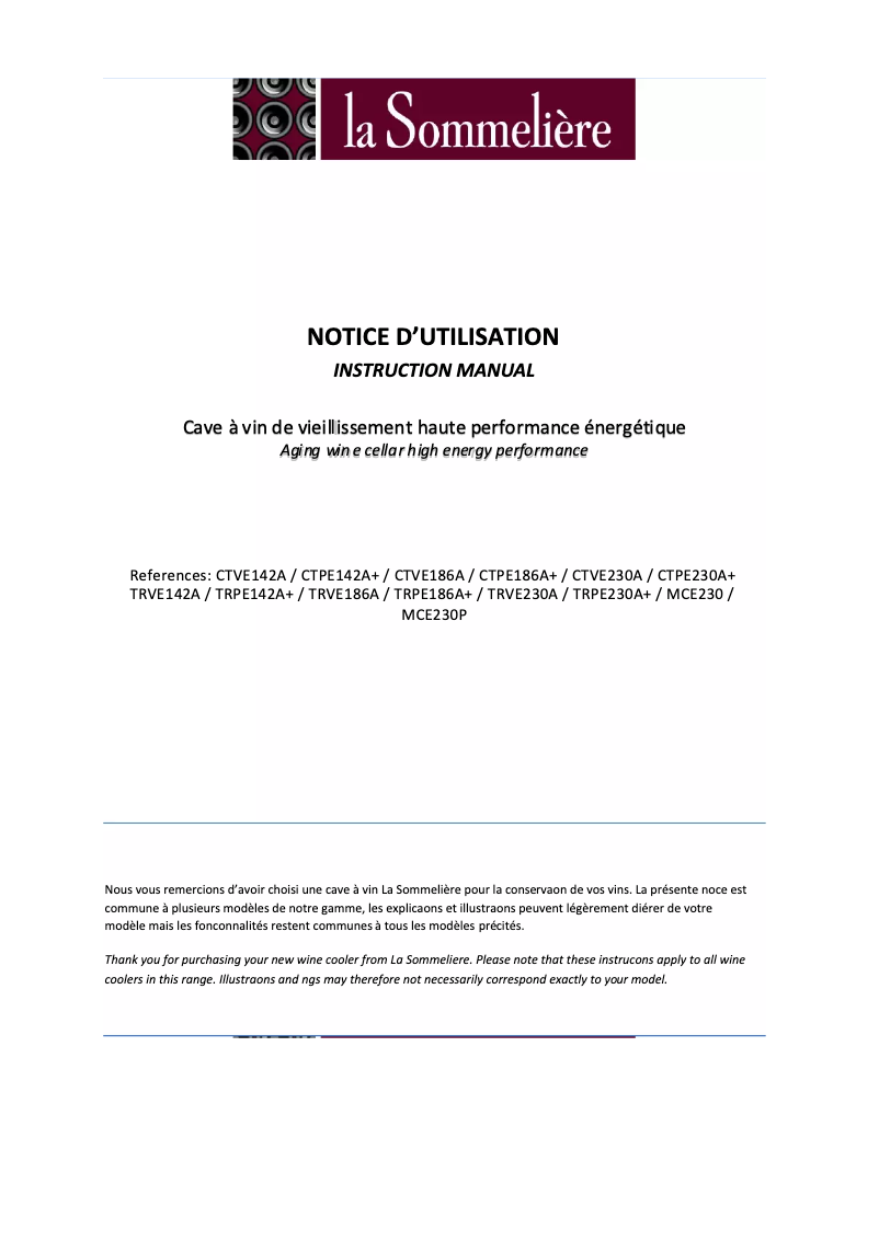 Page 1 de la notice Manuel utilisateur La Sommelière CTPE230A+