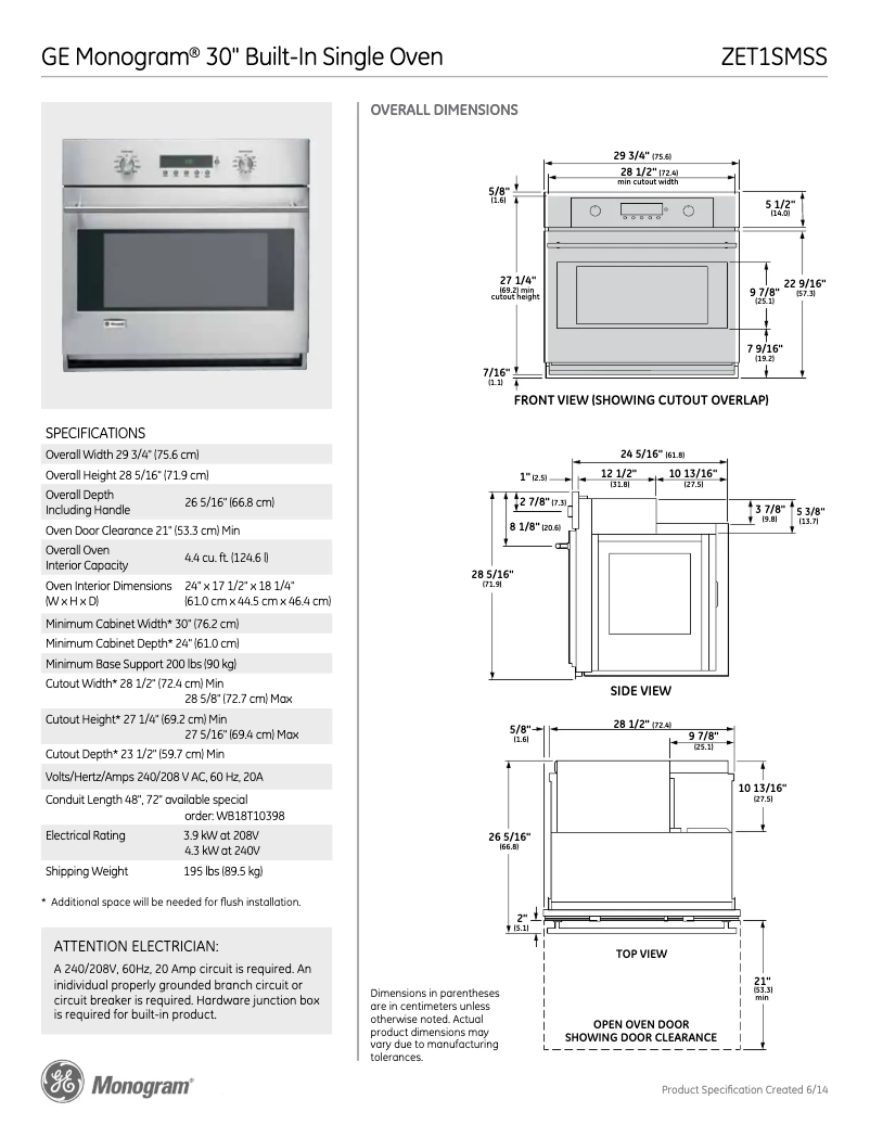 Page 1 de la notice Fiche technique GE ZET1SMSS