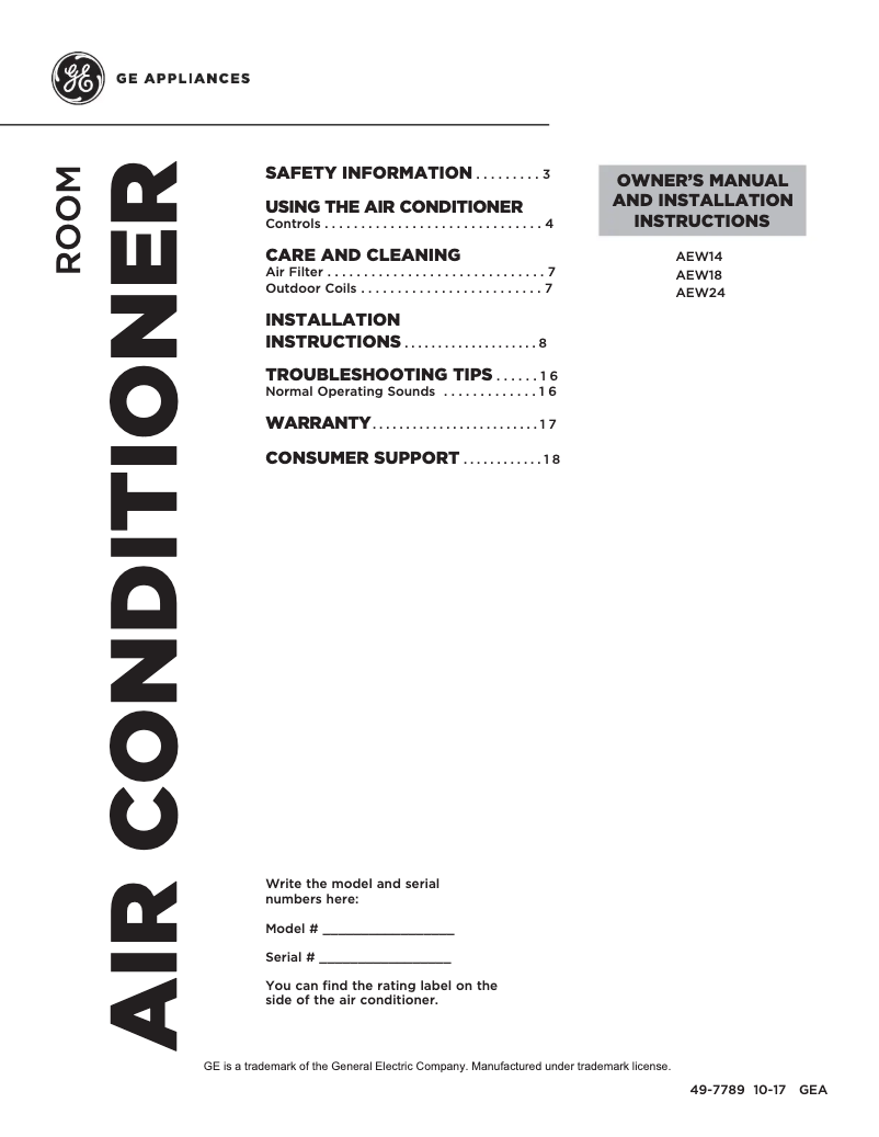 Página 1 del manual Guía de instalación GE AEW18DX