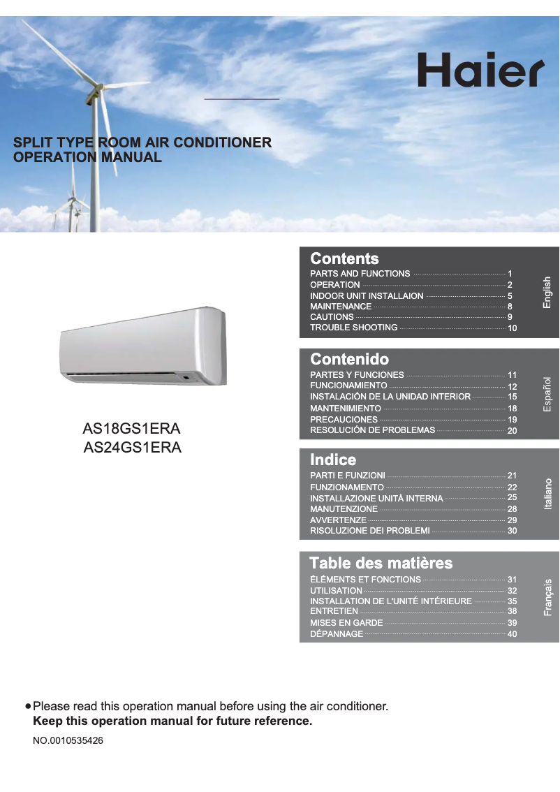 Page 1 de la notice Manuel utilisateur Haier AS18GS1ERA
