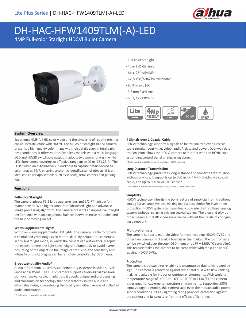 Page 1 de la notice Fiche technique Dahua Technology HAC-HFW1409TLM-A-LED