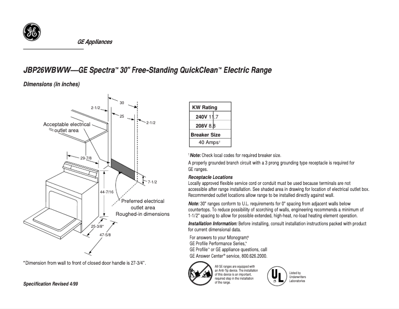 Página 1 del manual Ficha técnica GE Spectra JBP26EDBB