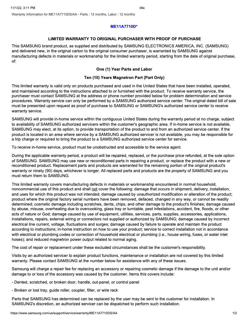 Página 1 del manual Información de garantía Samsung ME11A7710DS