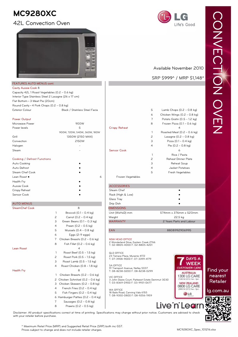Page 1 de la notice Fiche technique LG MC9280XC1