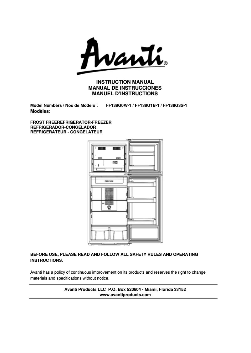 Page 1 de la notice Manuel utilisateur Avanti FF138G0W-1