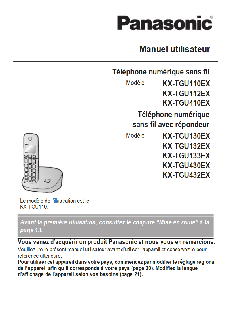 Page 1 de la notice Manuel utilisateur Panasonic KX-TGU432