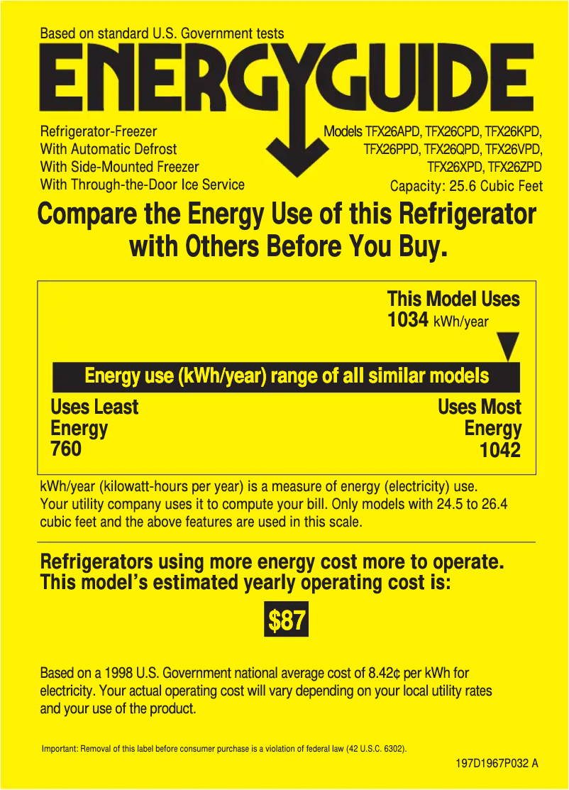 Page n°1 - Label énergétique GE Profile Performance TFX26PPDCC